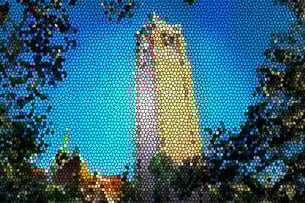 A college campus in the style of a mosaic.