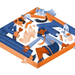 Whimsical illustration of leaders in a sandbox