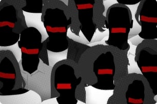 An illustration of multiple featureless black faces with red tape over where their mouths would be.