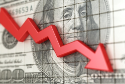 A red downward-facing arrow is juxtaposed against a $100 bill, illustrating declining stock prices.