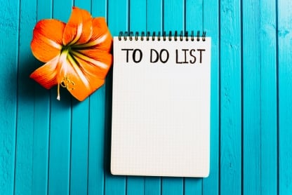 Blank to-do list on aqua background with an orange flower on the side