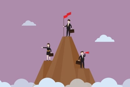 Man stands on top of mountain holding flag, while a man farther down the mountain looks through a telescope and a woman on the other side farther down the mountain points into the distance