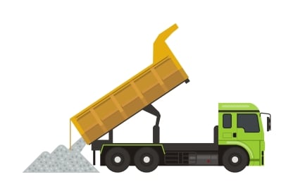 An illustration of a green and yellow dump truck dumping a load of a gravel-like substance.