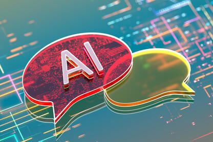 An illustration of two speech bubbles, one red and one yellow, against a multi-colored grid-like background; the red bubble says "AI." 