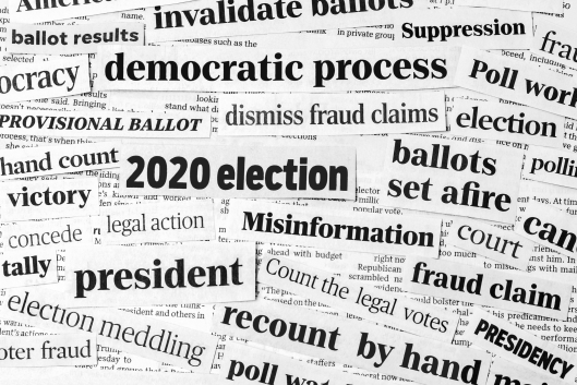 An image composed of various election-related phrases layered atop one another, incluidng "2020 election," "Misinformation" and "democratic process."