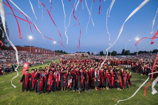 Streamers herald the graduation of the Class of 2023 at Chico State.