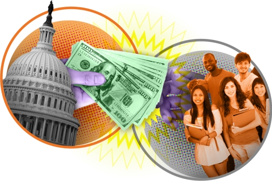 An illustration of a hand from the U.S. Capitol building handing cash to a group of students.