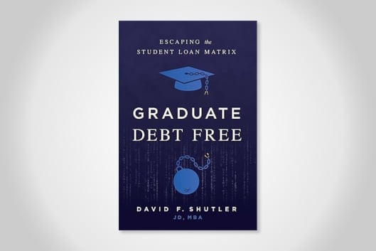 A blue book cover with the words "Graduate Debt Free" in white lettering