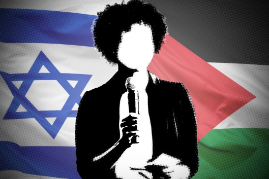 A photo illustration with an image of a person with a microphone in front of the Israeli and Palestinian flags.