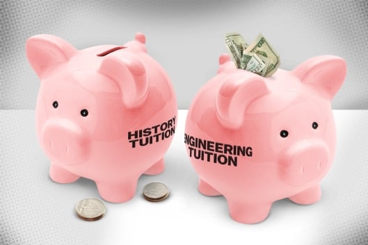 Two piggy banks; the one labeled "history tuition" has a few coins by it while the one labeled "engineering tuition" has dollars coming out of it.