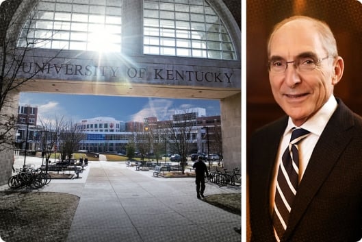 A photo illustration combining a photo of the University of Kentucky’s campus on the left with a photo of university President Eli Capilouto on the right.