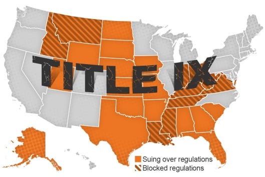 Photo illustration of the United States showing the 10 states where the new Title IX regs are currently blocked from taking effect.
