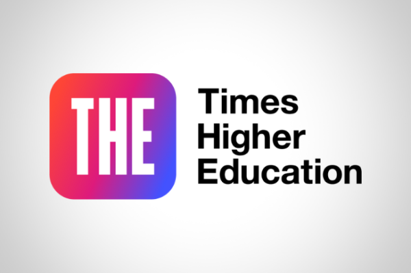 A square with rounded corners, colored with a gradient that starts in red and pink at the top left and turns into purple and blue at the bottom right. On this background, the white letters "T," "H" And "E." To the right of the rounded square is the black text "Times Higher Education."