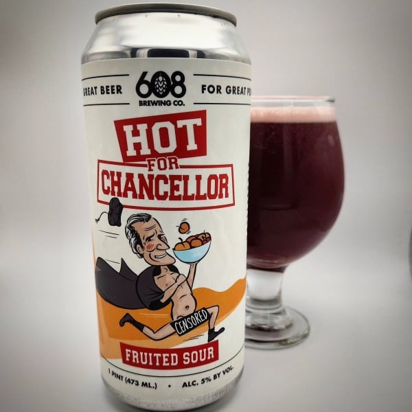 A photo of the "Hot for Chancellor" beer, showing a cartoon of a mostly naked man wearing an open graduation robe