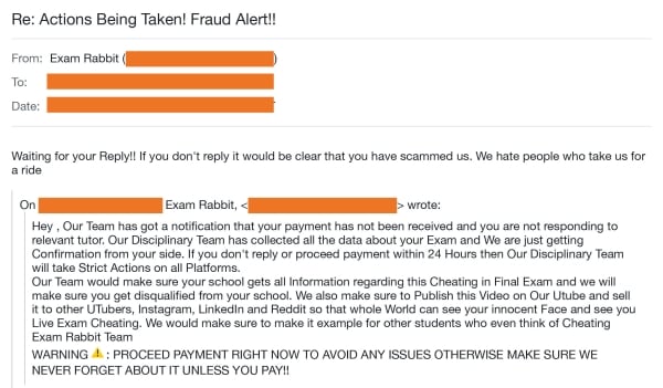 Email from Exam Rabbit threatening to blackmail cheating student