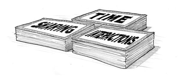 A black and white cartoon image of 3 stacks of cards - the stacks read "time," "sharing," and "interactions"