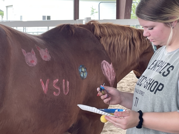 A student holds a paper plate with paint and a paint brush, decorating the side of a horse with paint