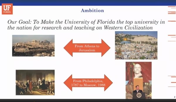 An image of a slide from William Inboden's March presentation to the University of Florida Board of Trustees.