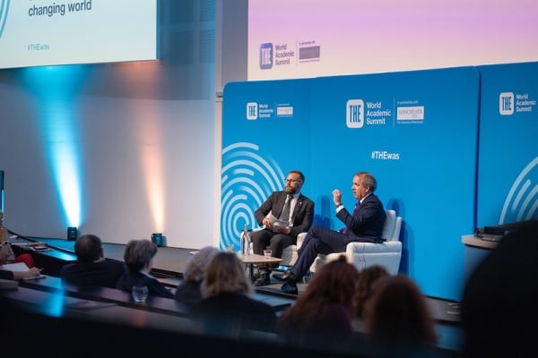 Phil Baty, THE’s chief global affairs officer, and Duncan Ivison, vice chancellor of the University of Manchester. Ivison said the conflict in the Middle East has impacted people in the city and across the UK. 