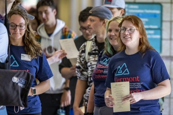 Students in Vermont State University shirts