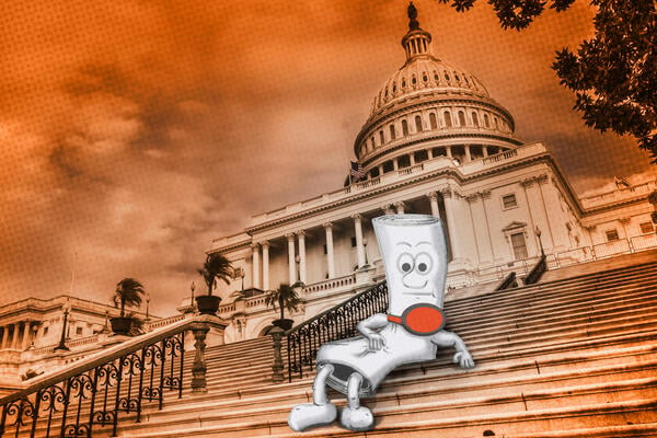 A cartoon bill with a graduation hat sits on the stairs of the U.S. Capitol Building. 