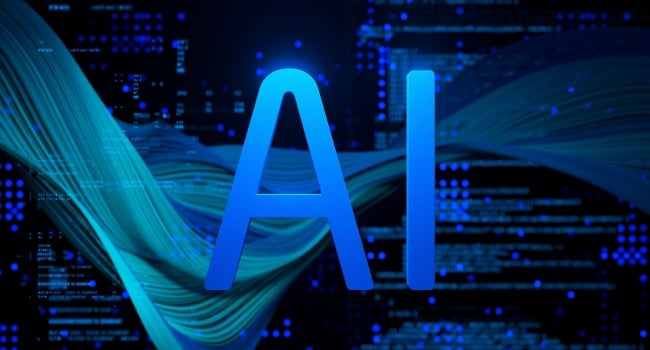 The letters "AI" in blue against a dark, futuristic, abstract background.