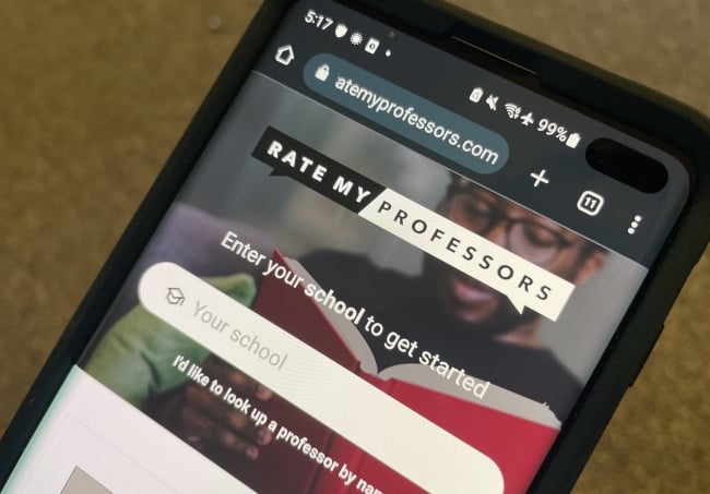 A smartphone displays the homepage of the website Rate My Professors