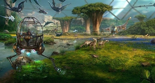 Landscape scene from prehistoric times with dinosaurs and a human flying in a orb-like craft