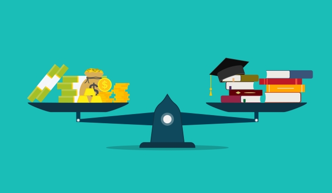 Illustration of a scale weighing money on one side and textbooks and a graduation cap on the other.