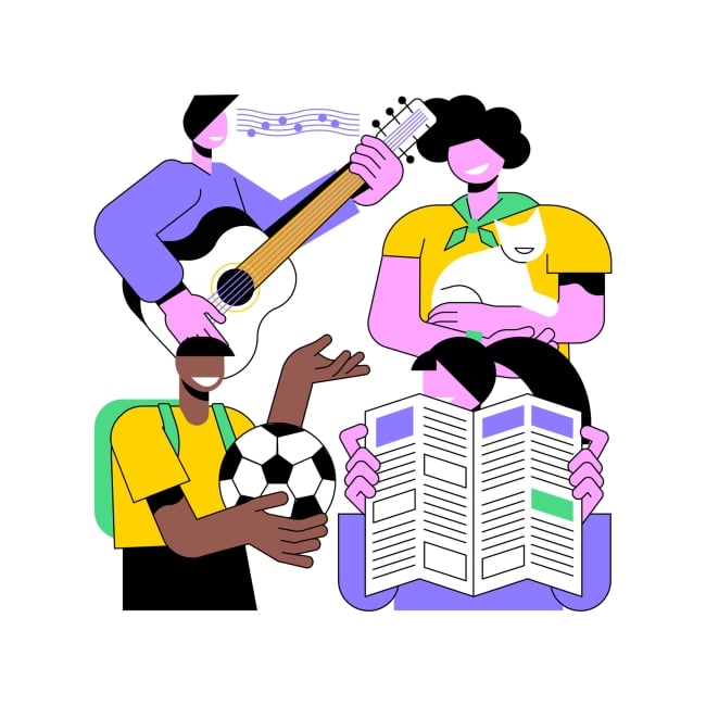 A cartoon drawing depicts four people engaged in different extracurricular activities, ranging from sports, to music, to volunteering, to student media: one holds a soccer ball, one a guitar, one a cat and one a newspaper.