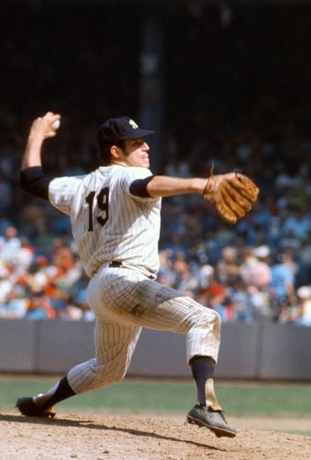 New York Yankee Fritz Peterson throws a pitch during a 1972 game.