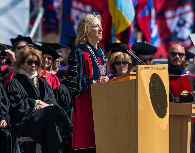 Former University of Pennsylvania president Amy Gutmann, a light-skinned blonde woman, speaking at commencement in 2015.