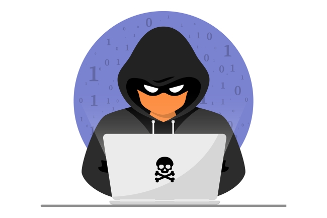 A drawing of someone in a black hoodie at a laptop with a black poison symbol on it, with ones and zeros behind him.