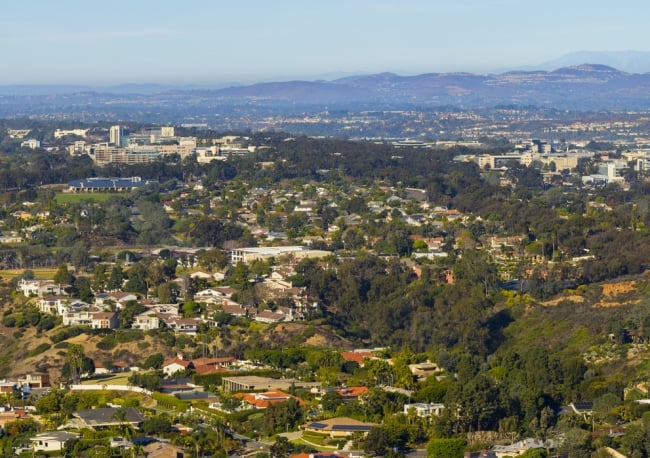 Panoramic view of the University of California, San Diego, campus with the ocean in the background.