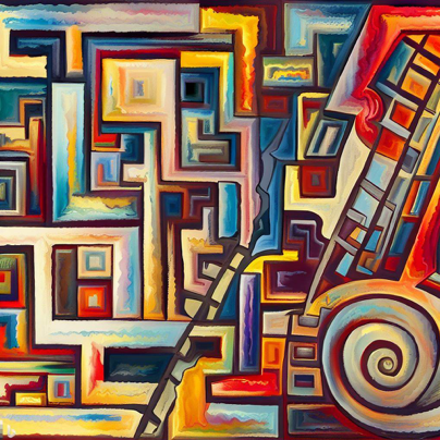 A colorful abstract depiction of ladders, spirals and other shapes