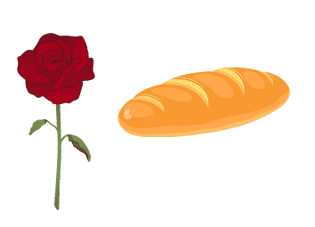 A drawing of a rose next to a drawing of a loaf of bread.