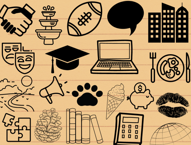 A collage of graphics related to the college experience.
