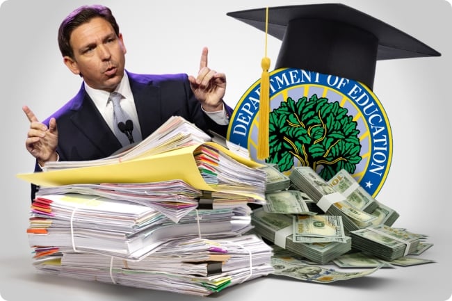 A photo illustration of Florida governor Ron DeSantis