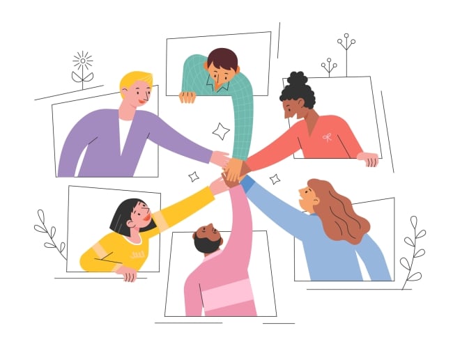 Diverse group of five people outlined in faint boxes reach out and grab hands in the center with each other