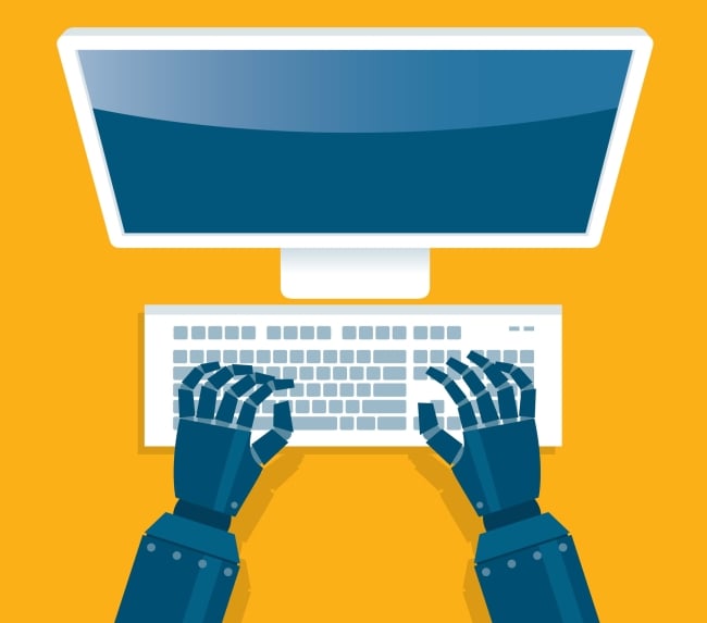 Robot hands typing on a computer