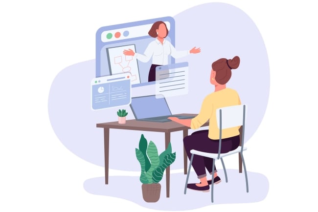 Woman sits at a desk with a laptop looking at an instructor gesturing at a board
