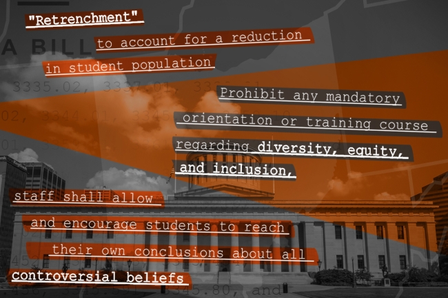 A picture of the Ohio statehouse overlaid with quotes from SB 83