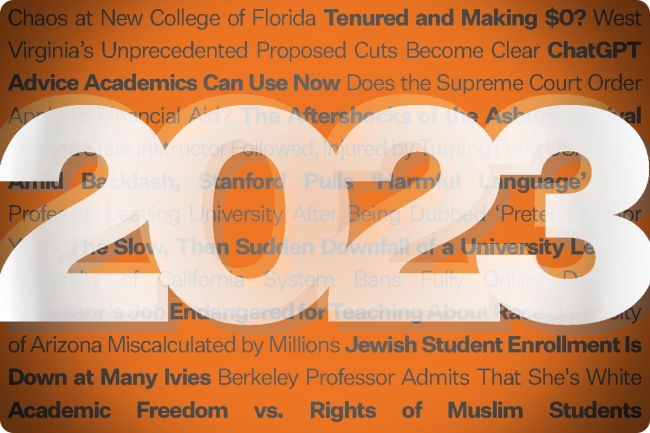 Image of the number 2023 and top headlines from Inside Higher Ed