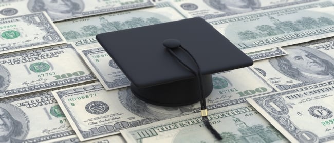 A photo illustration of money against a mortarboard.