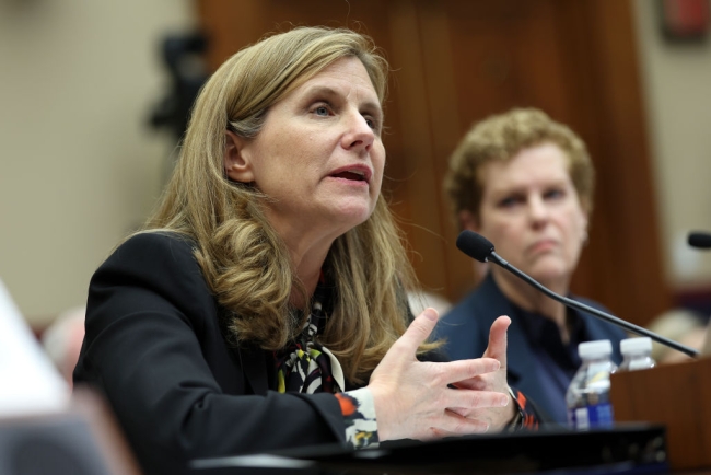 University of pennsylvania President Liz Magill, a light-skinned woman with blond hair, at a hearing before a congressional committee.