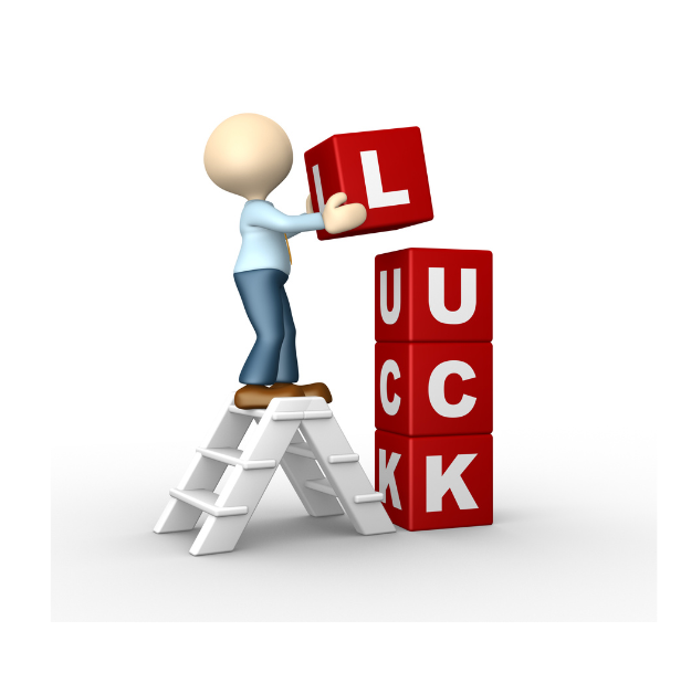 A drawing of a faceless figure atop a ladder adding the top block to a vertical stack of alphabetical blocks that spell out "LUCK."