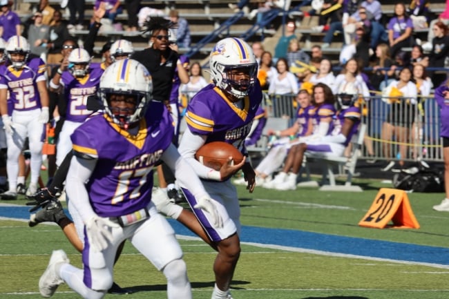 Football player in a purple jersey carries the ball down the field