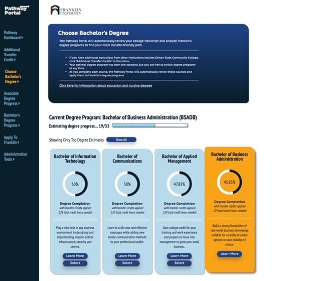 A screenshot of Franklin University's Pathway Portal