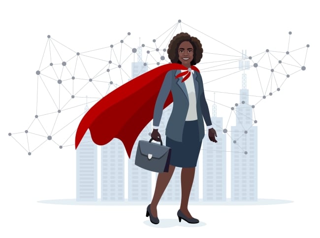 Woman of color wearing a suit and red cape stands proudly with a brief case in front of a high-tech network before shadows of buildings