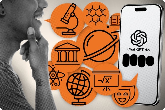 A male student on the left is speaking. On the right a phone displays the new ChatGPT AI. Speaking on both sides is indicated by speech bubbles containing icons representing academic subjects.